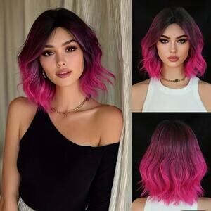 4" Long Loose Wave Ombre Rose Pink Red Wig